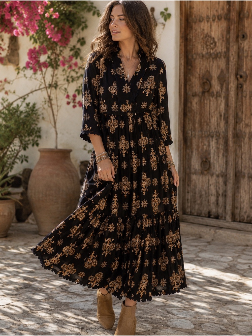 JODIFL Black & Tan Boho Maxi Dress NWOT Scalloped Trim